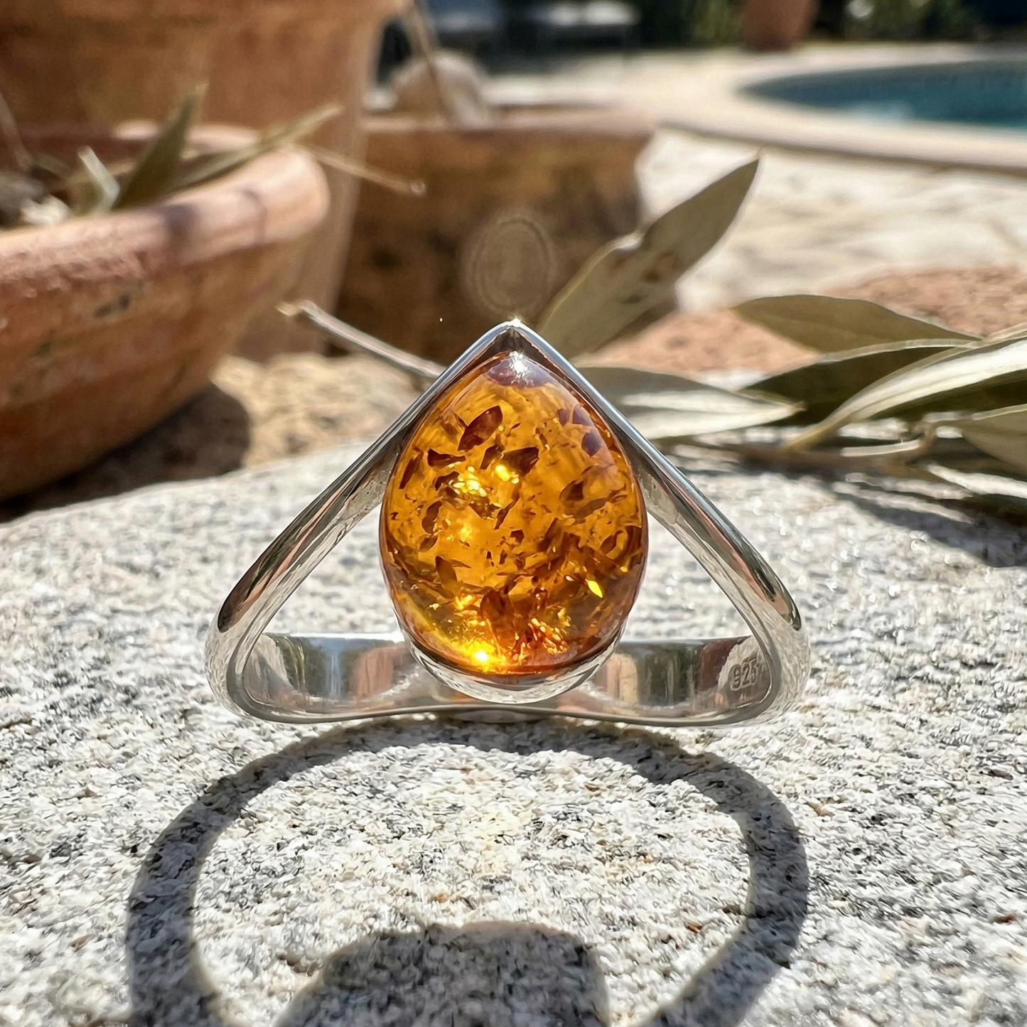 Baltic Amber V Ring 925 Sterling Silver Polished 11x9mm Pear Sizes 5-9