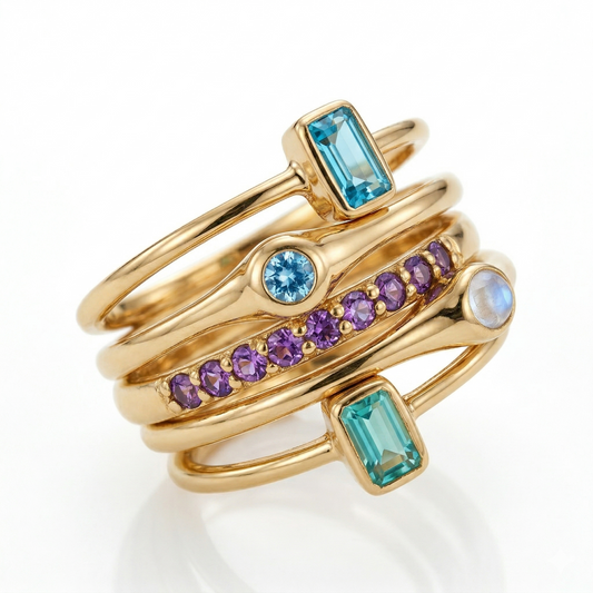 14K Gold Plated Five Ring Set 925 Silver Amethyst Labradorite Glass Sizes 6-9