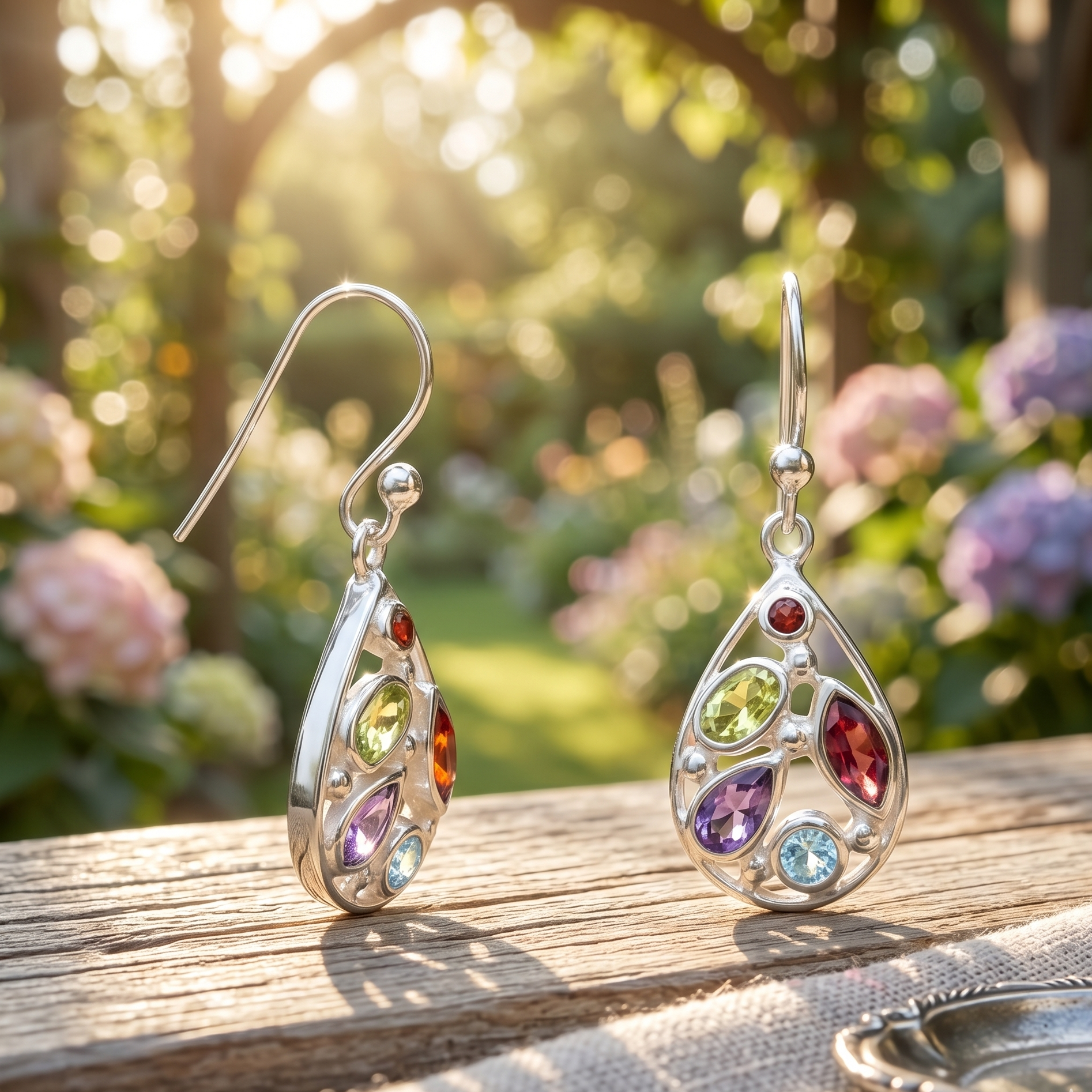 Silver earrings with colorful gemstones on a wooden surface with flowers in the background