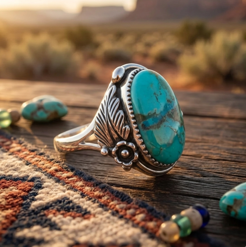 Turquoise stone ring on a wooden surface with desert landscape in the background