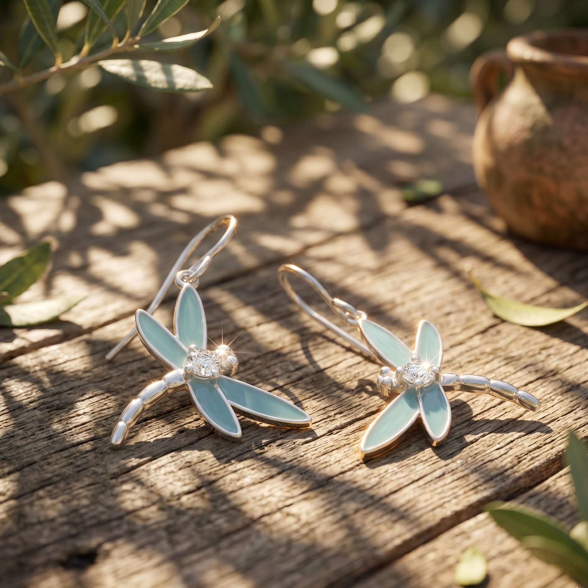 Dragonfly-shaped earrings on a wooden surface with leaves in the background