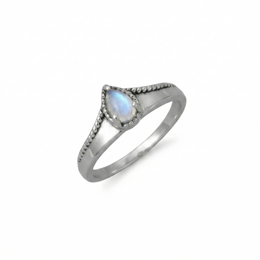 Oxidized Pear Rainbow Moonstone Bead Edge Ring 925 Silver 6x4mm Sizes 5-9