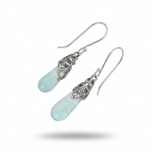 Authentic Roman Glass Drop Earrings 925 Sterling Silver 7x38mm w/ Certificate