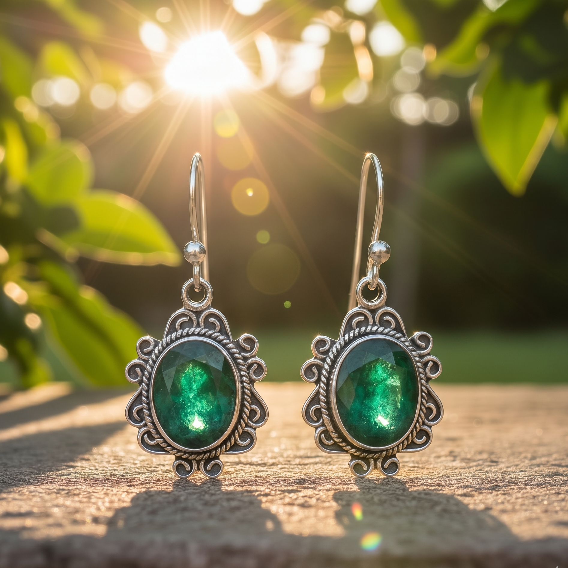 Pair of silver earrings with green gemstones on a wooden surface with a natural background.