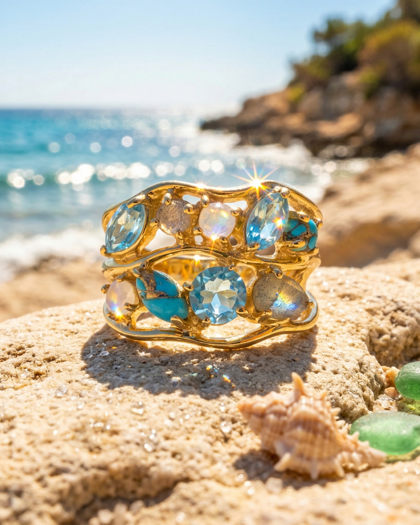 Blue Multi Stone Cluster Ring 14K Gold Plated 925 Silver Sizes 7-10