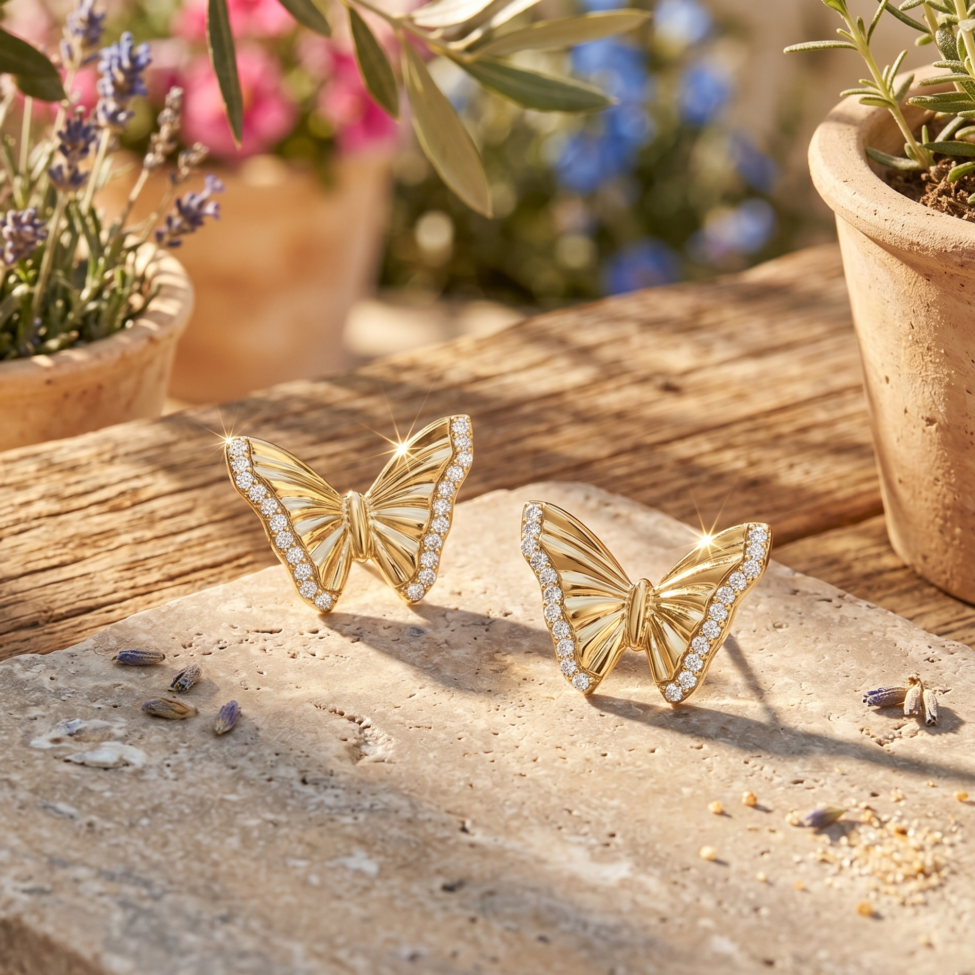 Gold butterfly earrings on a stone surface with plants in the background