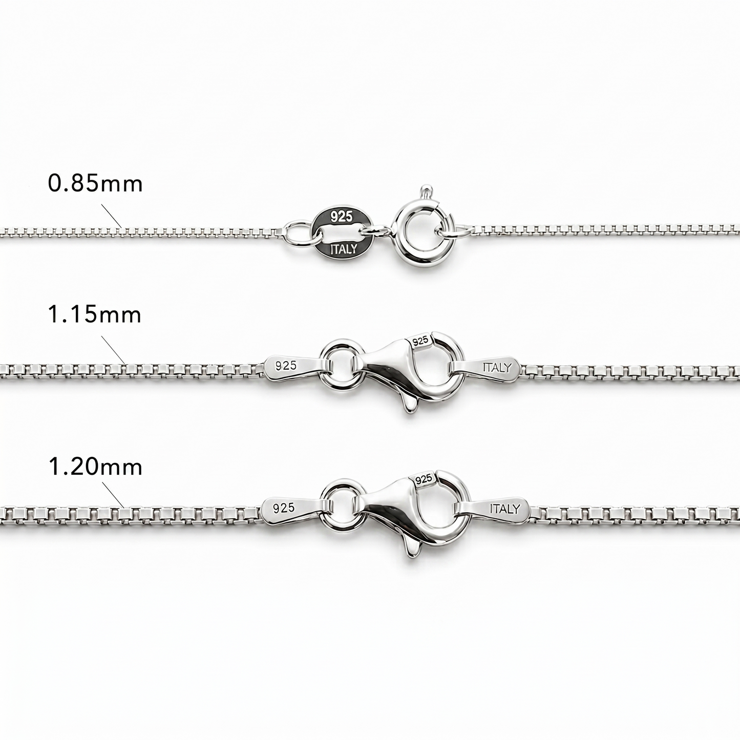 925 Sterling Silver Italian Box Chain Necklace Diamond Cut Rhodium Plated 18-24"