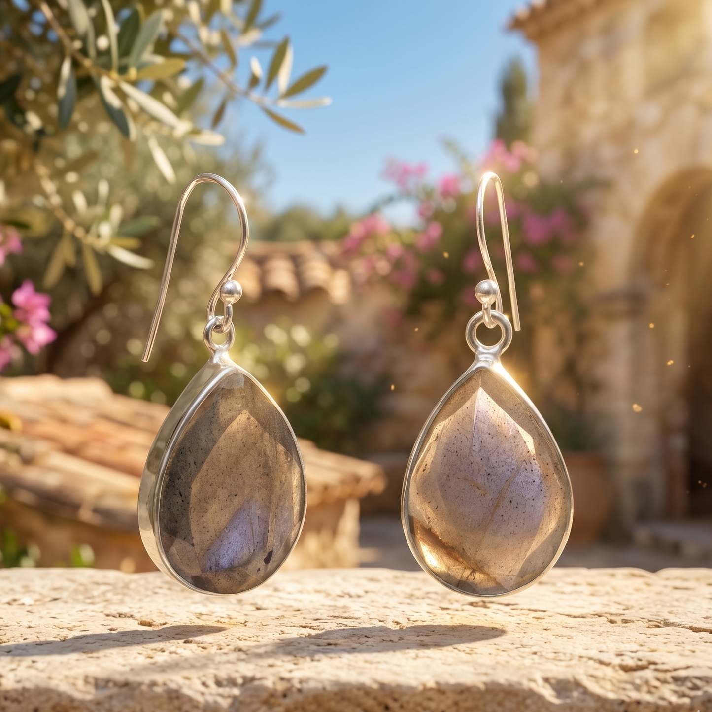 Teardrop-shaped silver earrings on a stone surface with a garden background