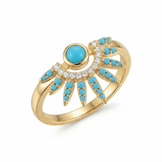 Turquoise CZ Sunray Spike Ring 14K Gold Plated 925 Silver 15.7x12.9mm Sizes 6-9