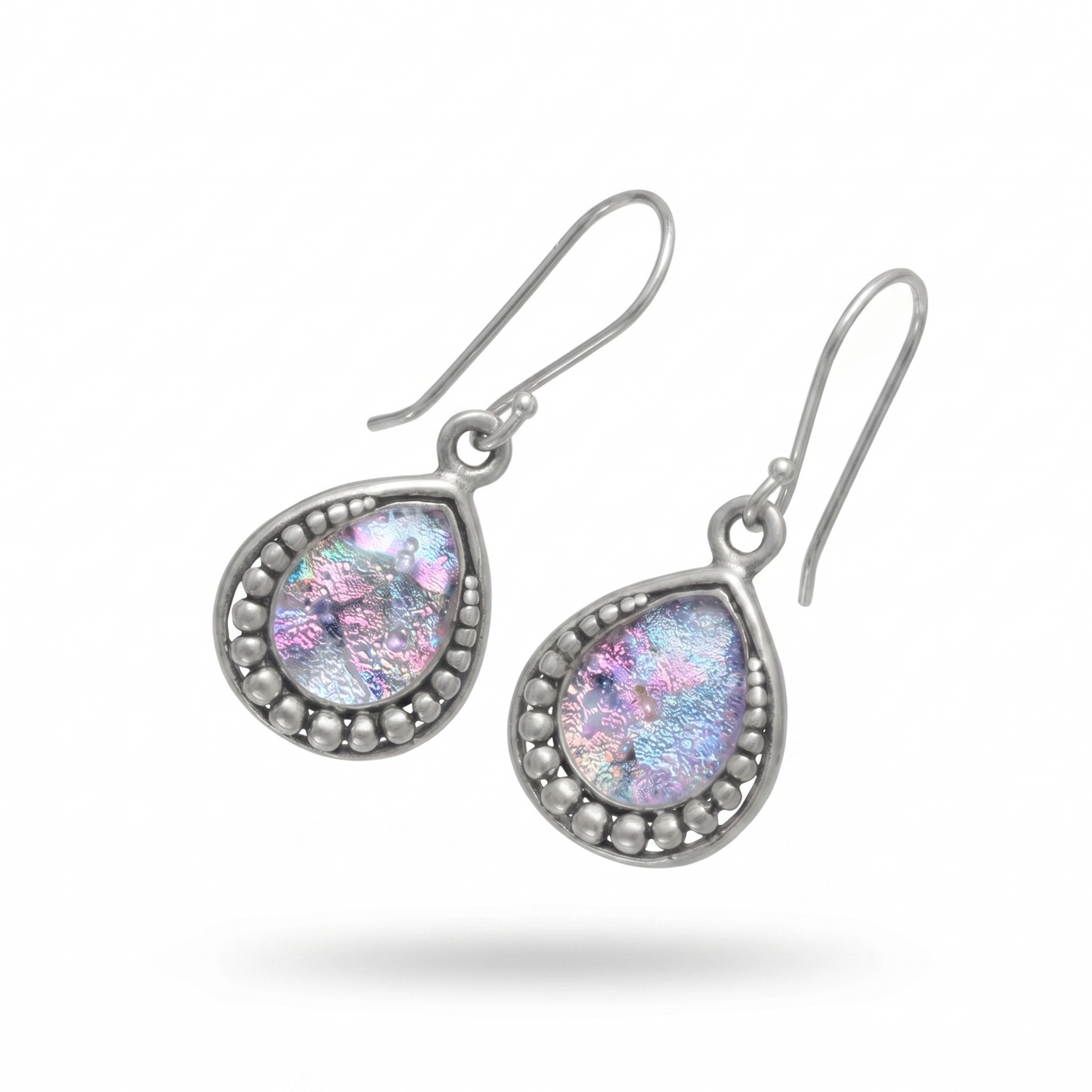 Authentic Roman Glass Pear Drop Earrings Beaded Edge 925 Sterling Silver 32mm