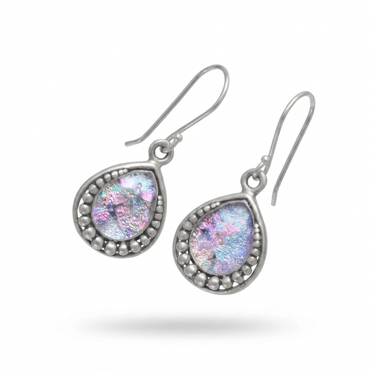 Authentic Roman Glass Pear Drop Earrings Beaded Edge 925 Sterling Silver 32mm