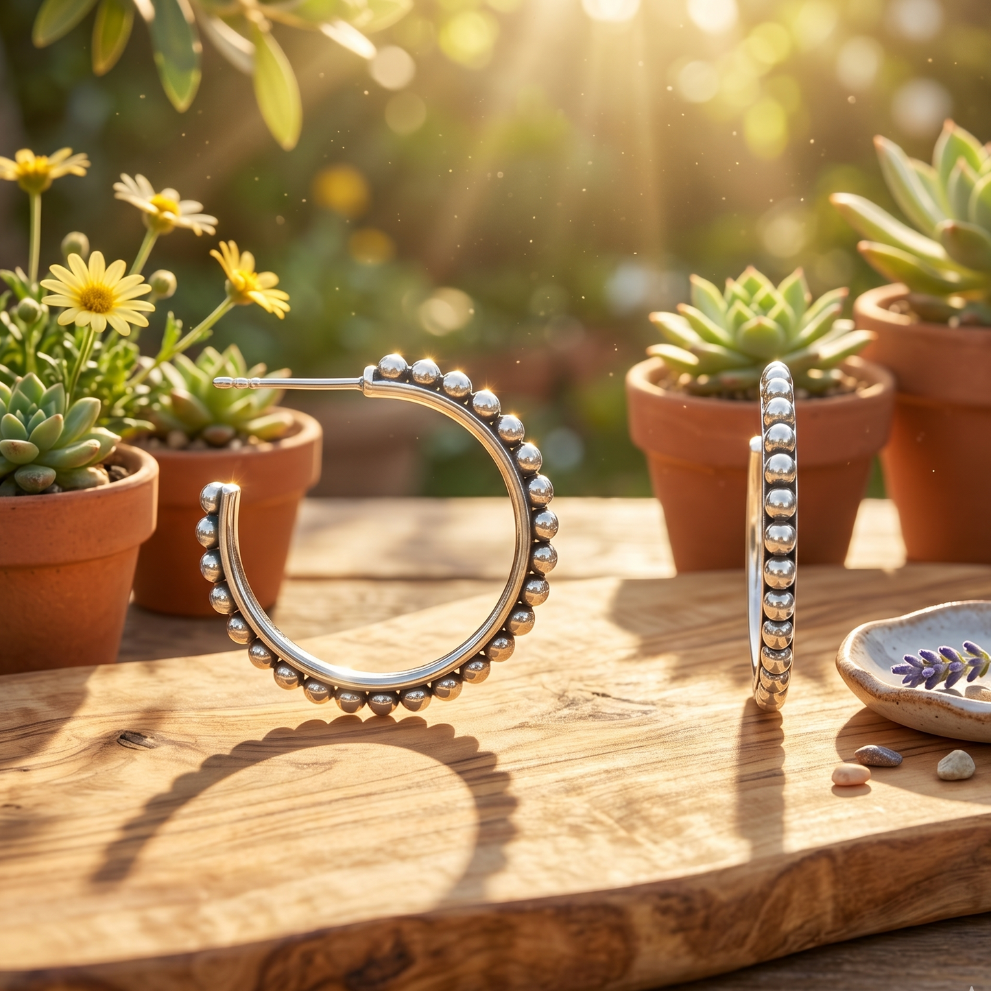 Pair of silver hoop earrings on a wooden surface with potted plants in the background