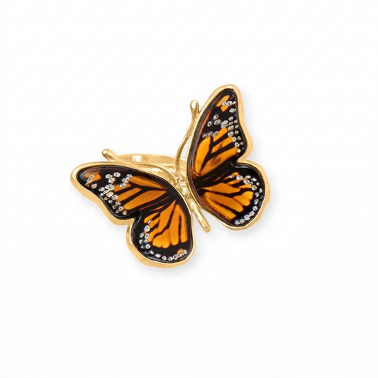 Baltic Amber Monarch Butterfly Ring 24K Gold Plated 925 Silver Adjustable 6-9