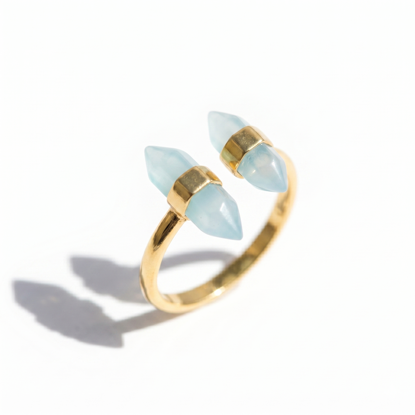 Double Spike Aqua Chalcedony Ring 925 14K Gold Plated Pencil Cut Sizes 5-9
