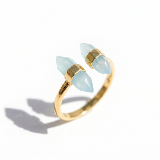 Double Spike Aqua Chalcedony Ring 925 14K Gold Plated Pencil Cut Sizes 5-9