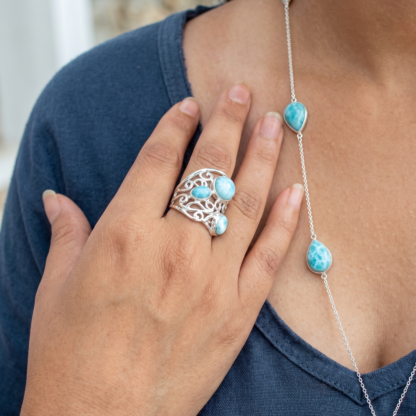 Polished Larimar Ring 925 Sterling Silver Triple Stone Cutout Wave Sizes 6-10
