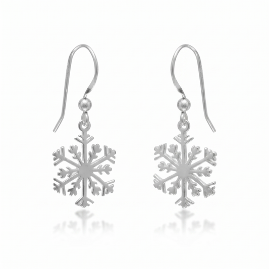 Silver snowflake earrings on a white background
