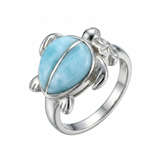 Larimar Sea Turtle Ring Rhodium Plated 925 Sterling Silver 12x9mm Sizes 6-9