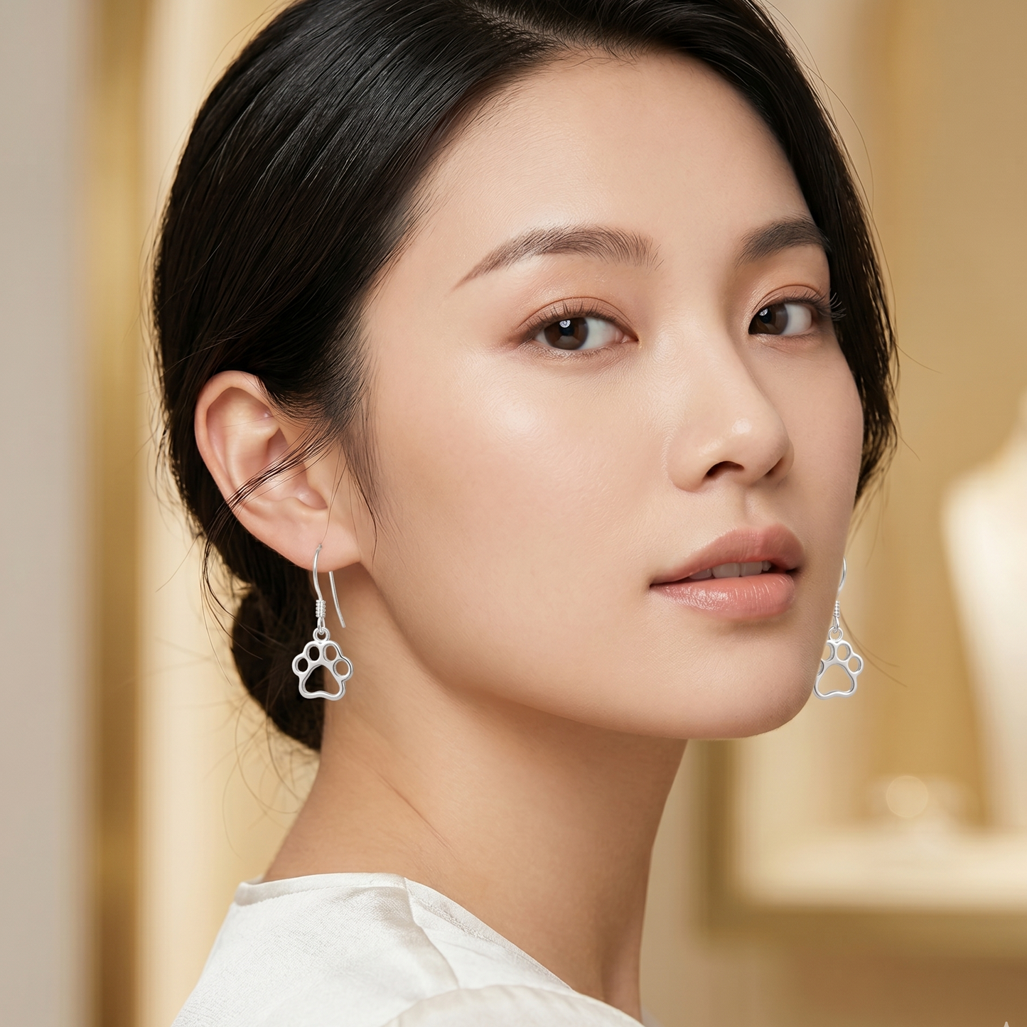 Woman wearing silver earrings with a neutral background