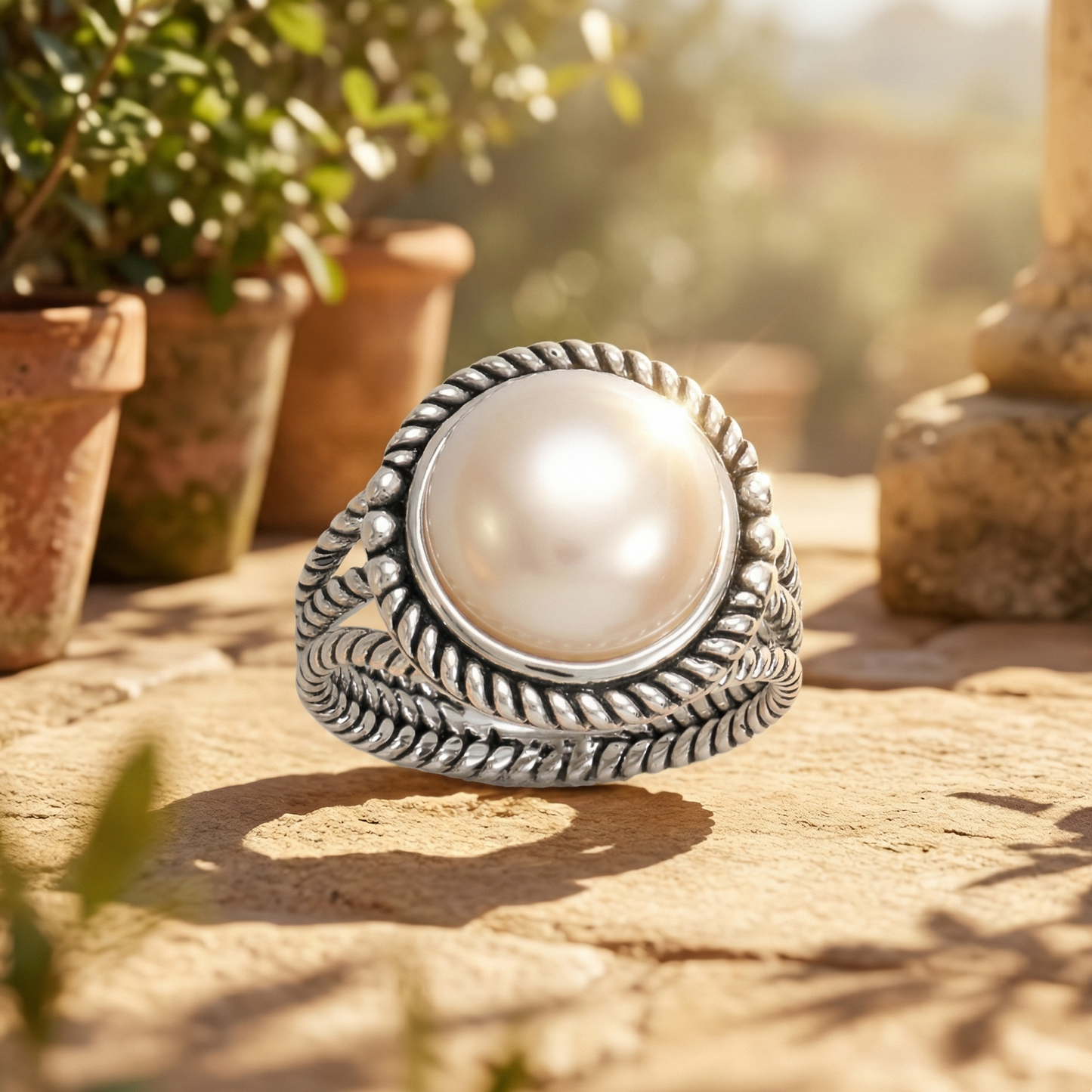 Jumbo Pearl Rope Edge Ring Oxidized 925 Sterling Silver 12mm Tapered Sizes 6-9
