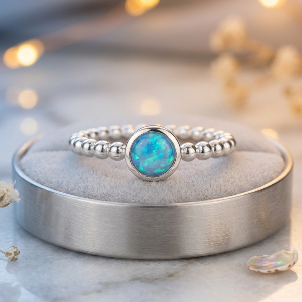 Silver ring with a blue opal stone on a marble surface with blurred lights in the background