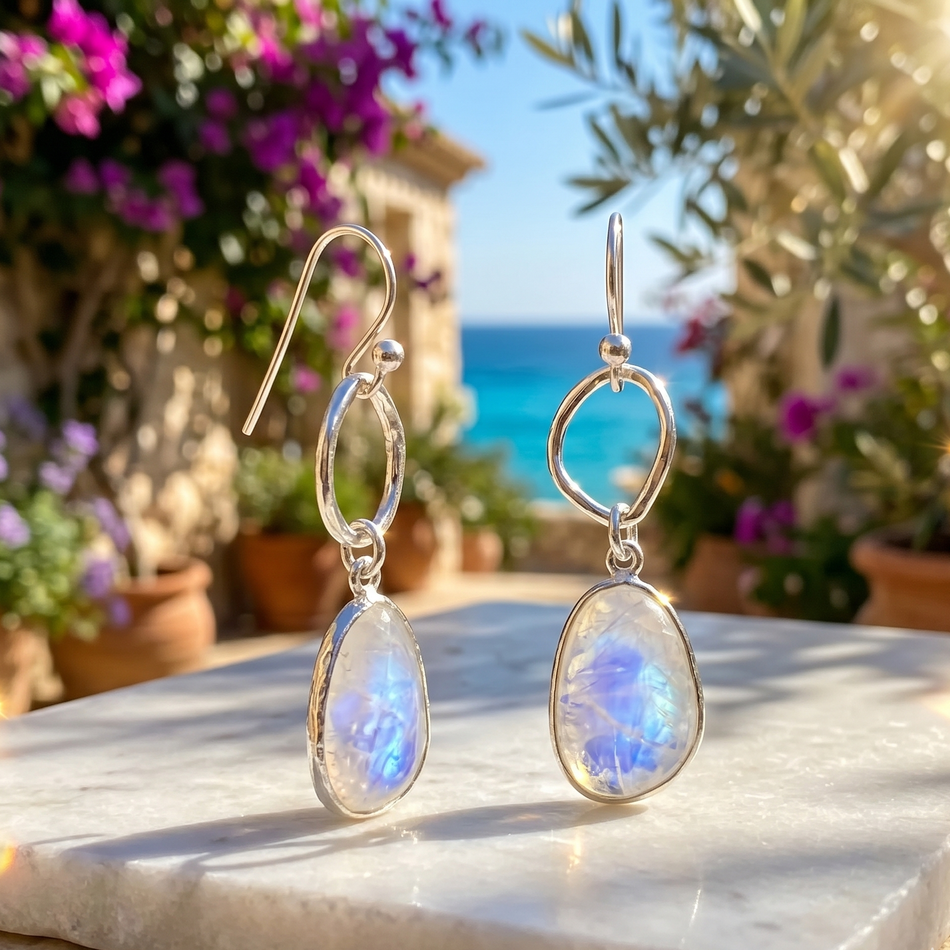 Pair of silver earrings with rainbow moonstone drops on a marble surface with a scenic background.