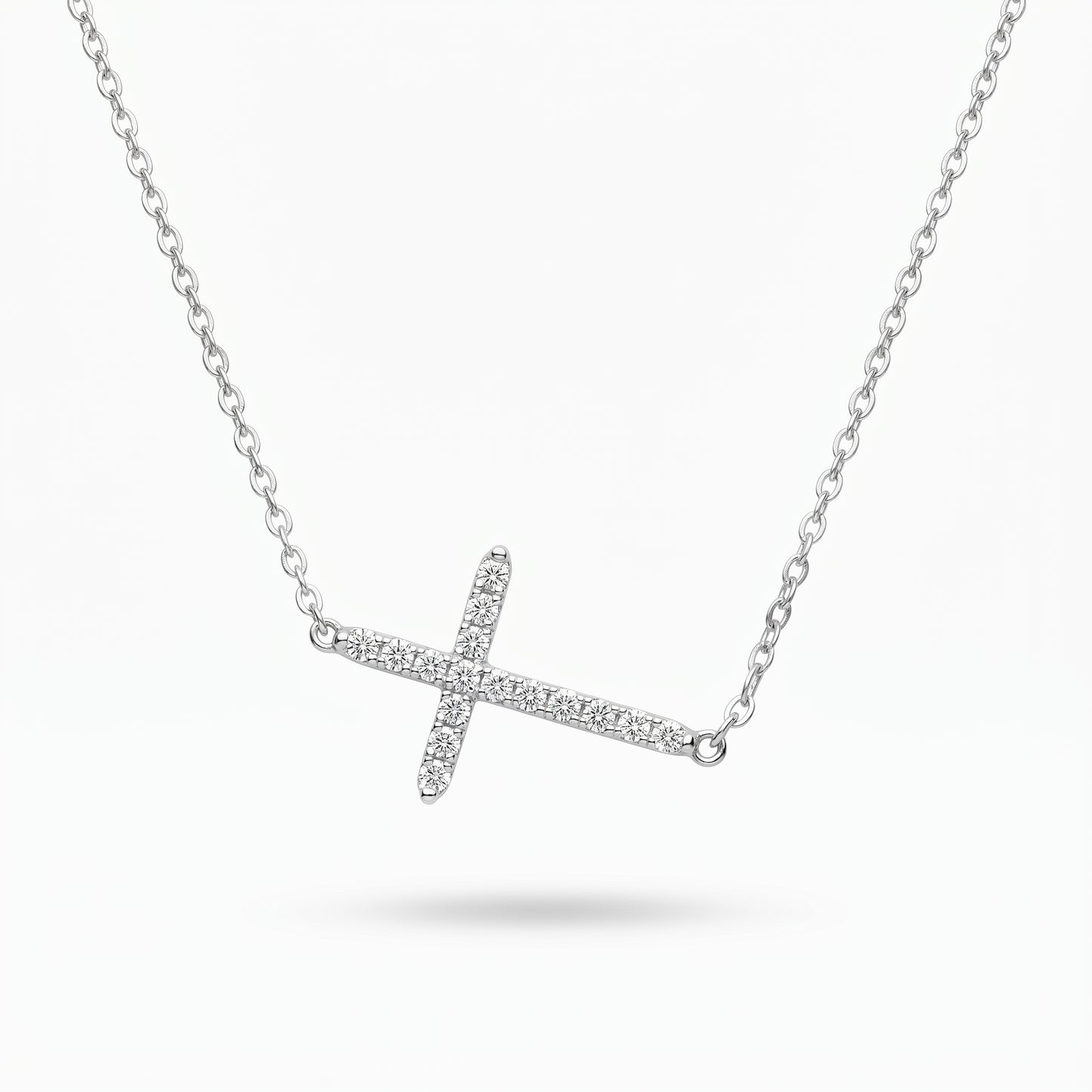 CZ Sideways Cross Necklace Rhodium Plated 925 Silver 11x15mm Spring Ring 16+2