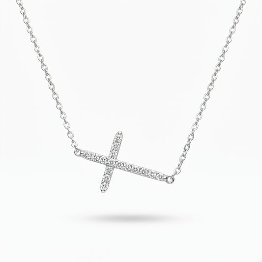 CZ Sideways Cross Necklace Rhodium Plated 925 Silver 11x15mm Spring Ring 16+2