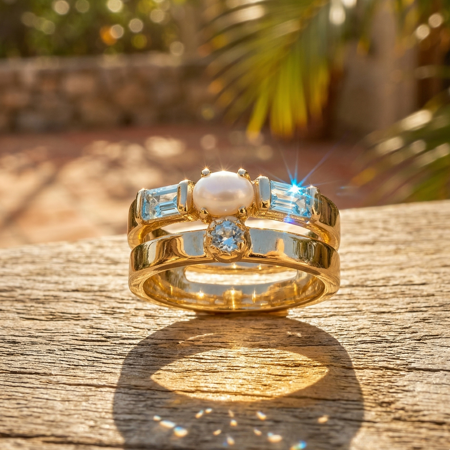 Gold Plated Pearl Blue Topaz Double Band Ring 925 Silver 4x6mm Pearl Sizes 6-9