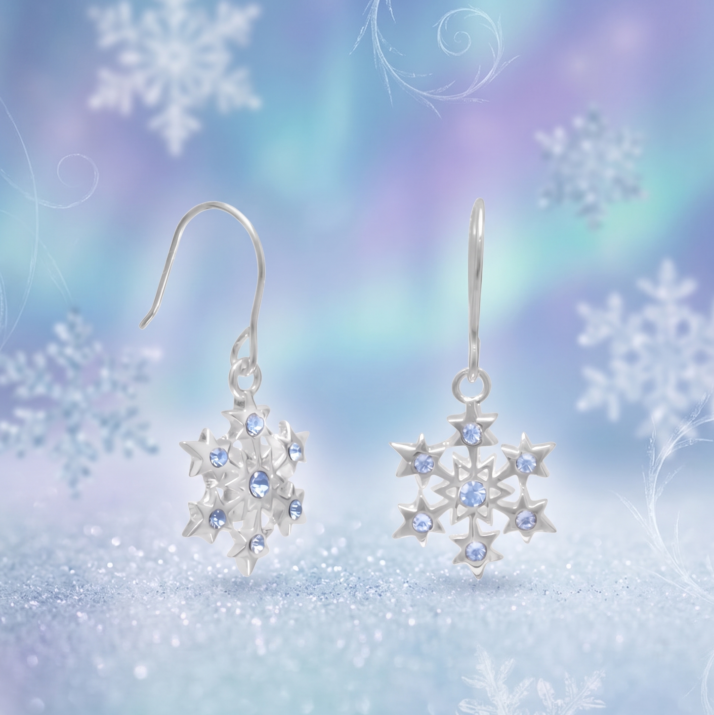 Aqua Crystal Snowflake Drop Earrings 925 Sterling Silver 11mm 25.5mm French Wire