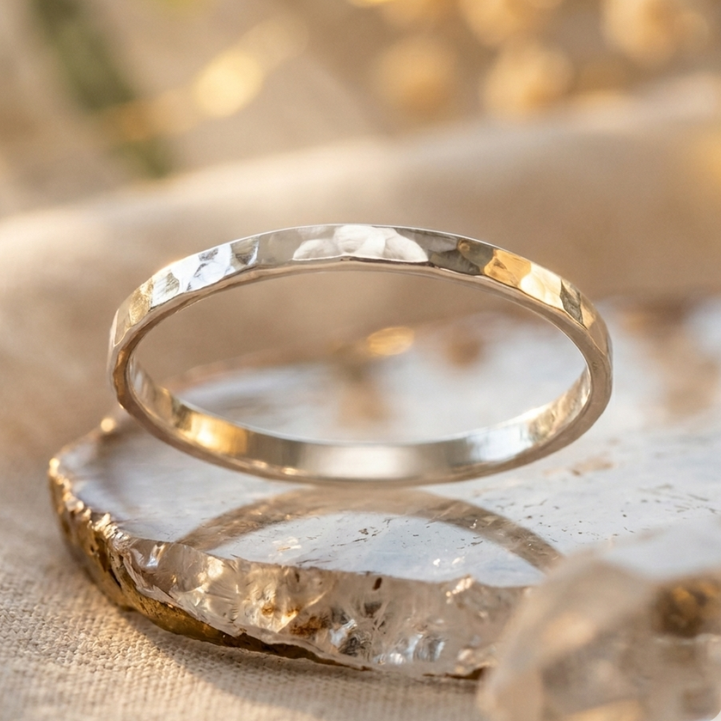 Hammered Band Ring Polished 925 Sterling Silver 1.7mm Textured Sizes 5-10