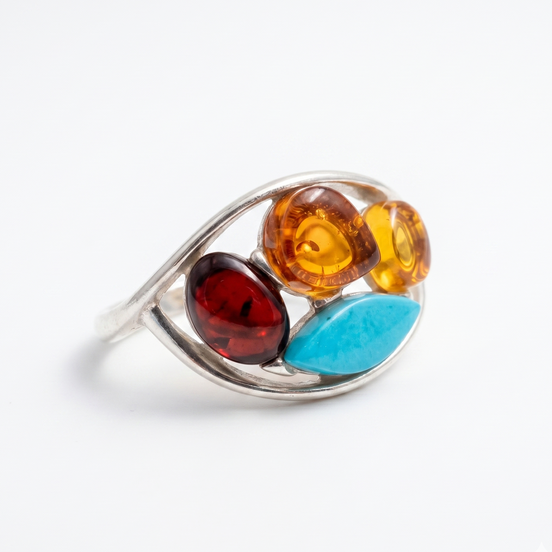 Silver ring with colorful gemstones on a white background