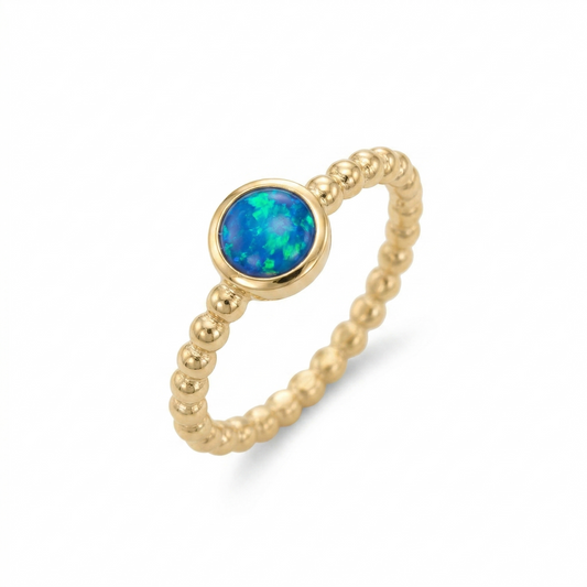 Blue Opal Ring 14K Gold Plated 925 Silver 5mm Round Bead Band Sizes 6-9
