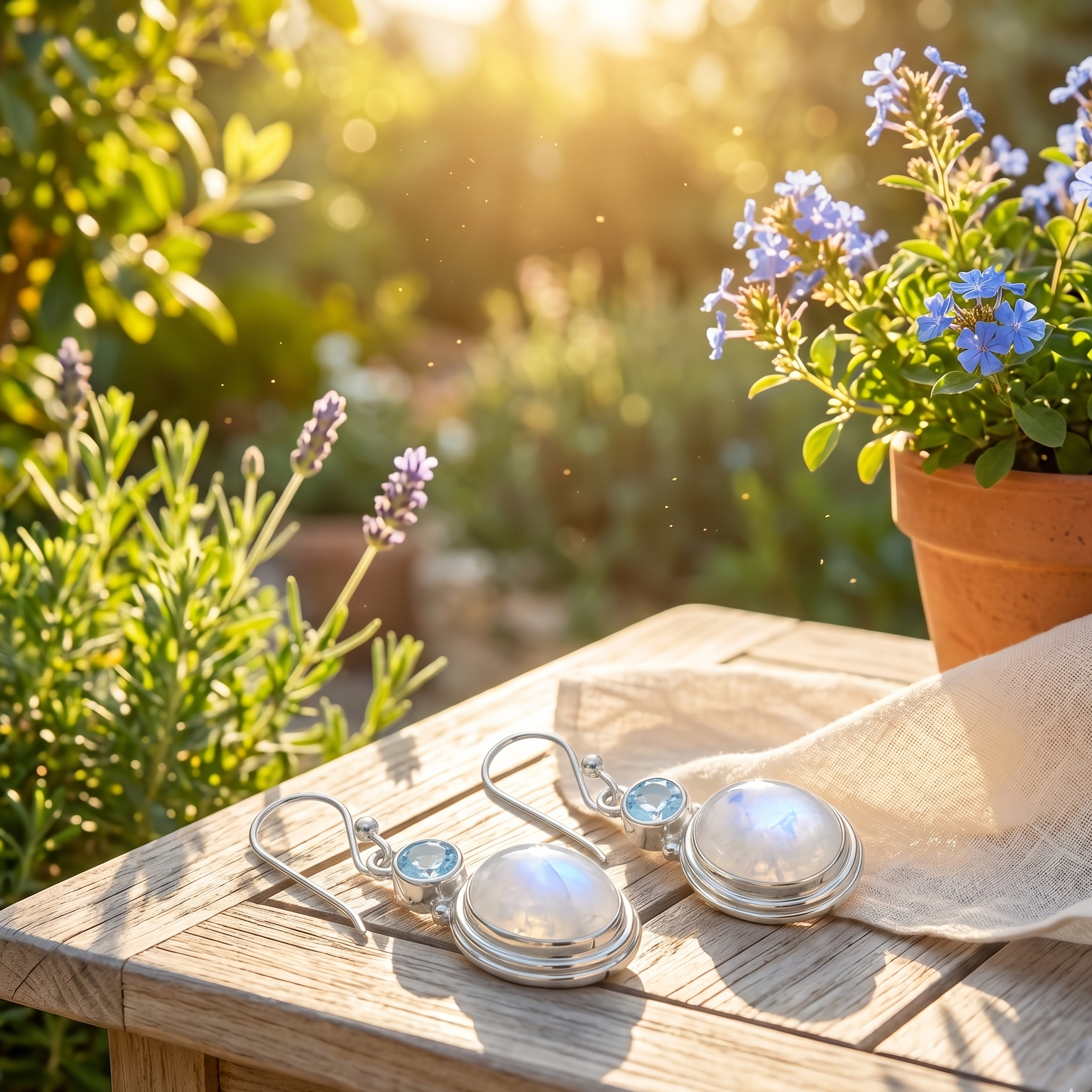 Silver earrings with gemstones on a wooden table with flowers and plants in the background