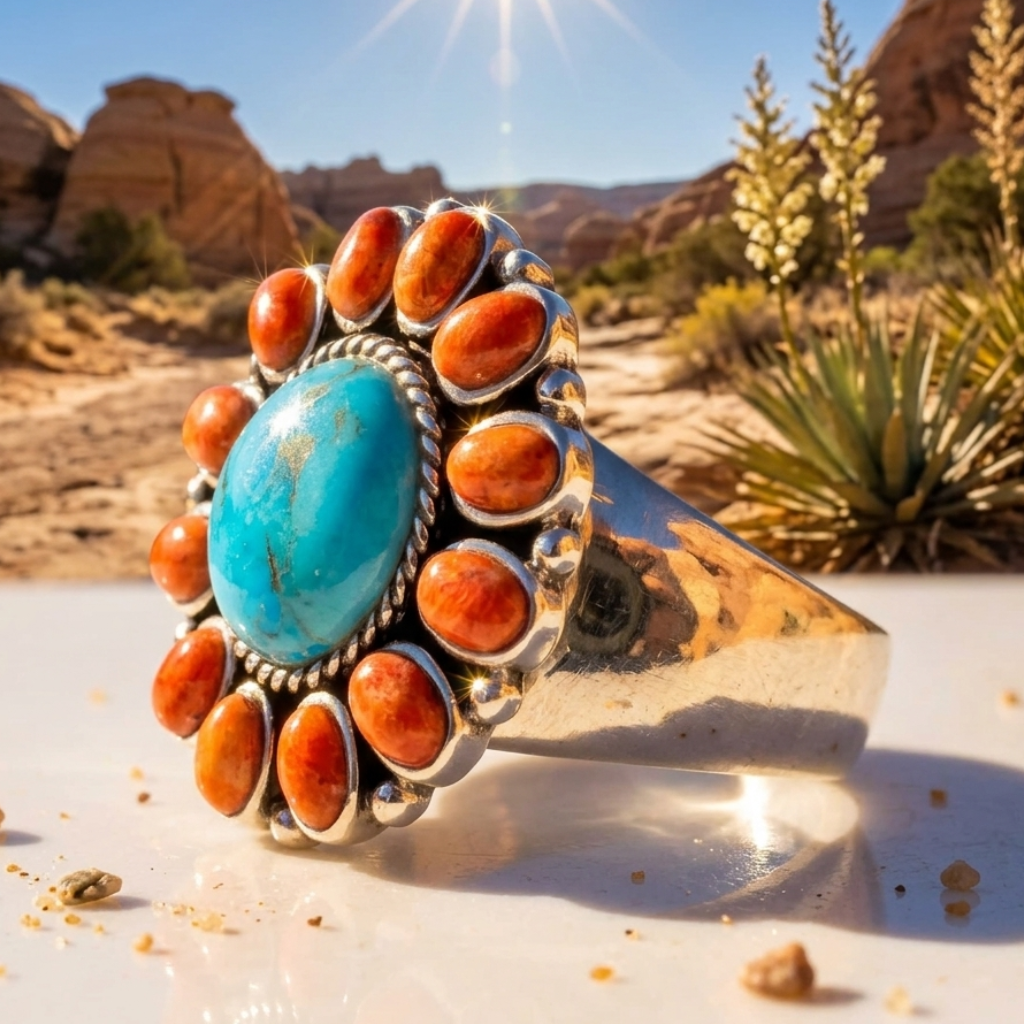 Silver ring with turquoise and orange stones on a desert landscape