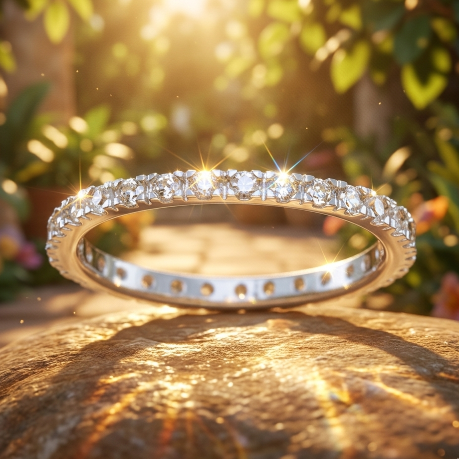 Diamond ring on a wooden surface with a blurred natural background