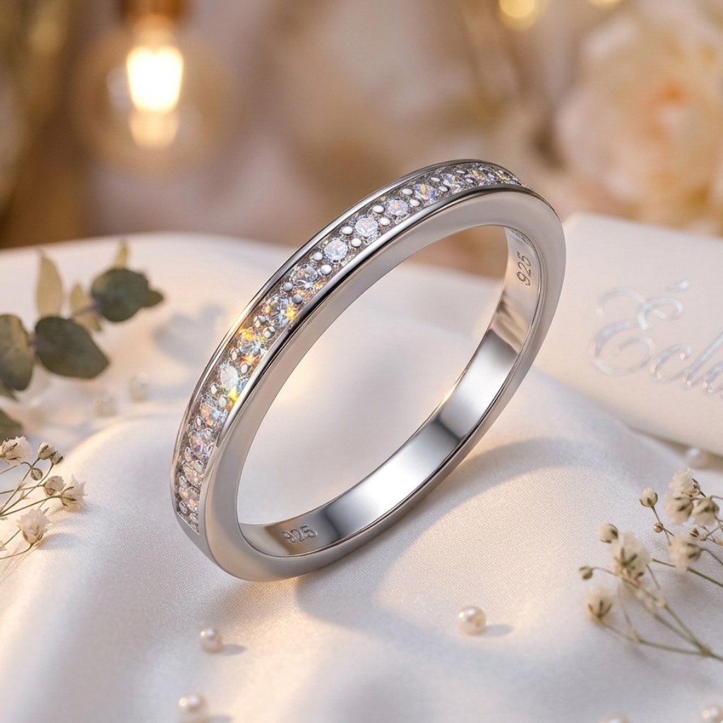 Silver ring with embedded stones on a soft surface with flowers and lights in the background
