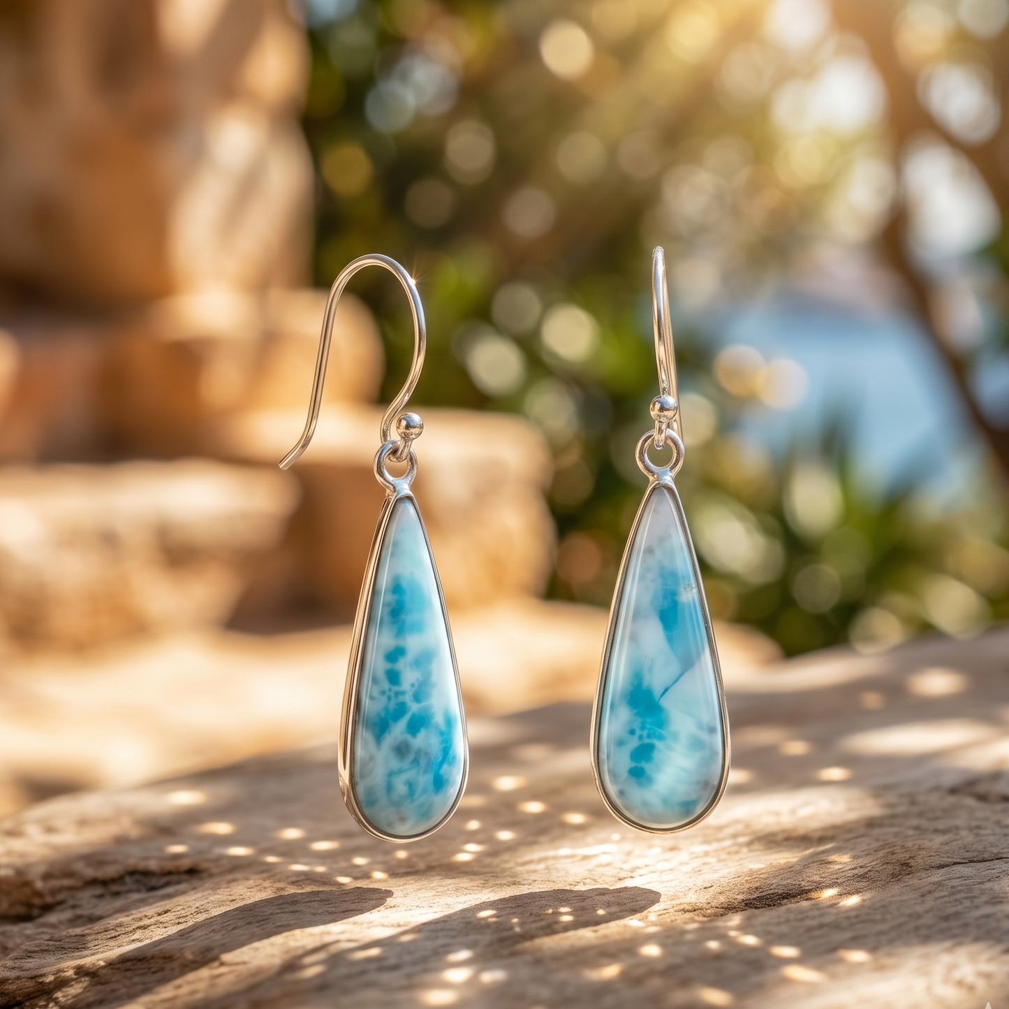 Teardrop-shaped earrings with blue and white pattern on a wooden surface with blurred natural background