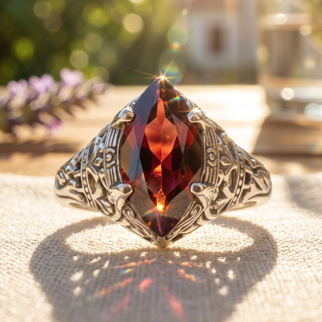 Silver ring with a large red gemstone on a textured surface with blurred background