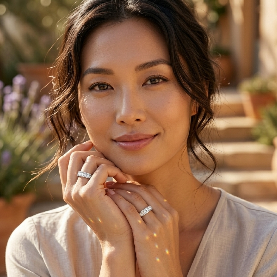 Woman with rings on her fingers in a garden setting