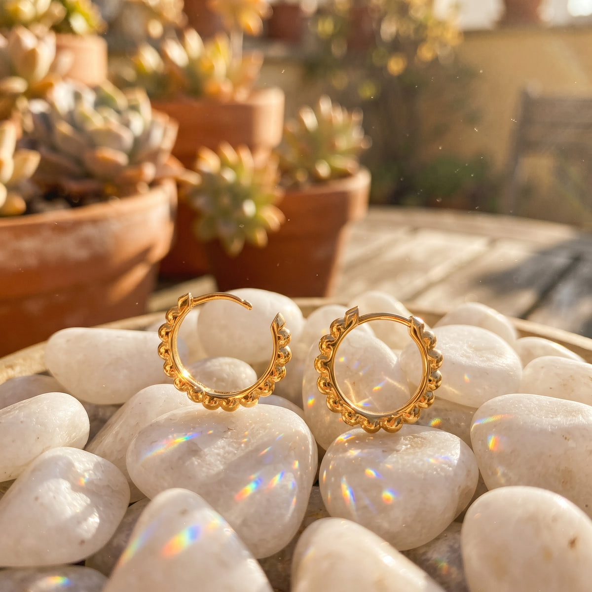 Beaded Hinged Hoop Earrings 14K Gold Plated 925 Sterling Silver 14.5mm