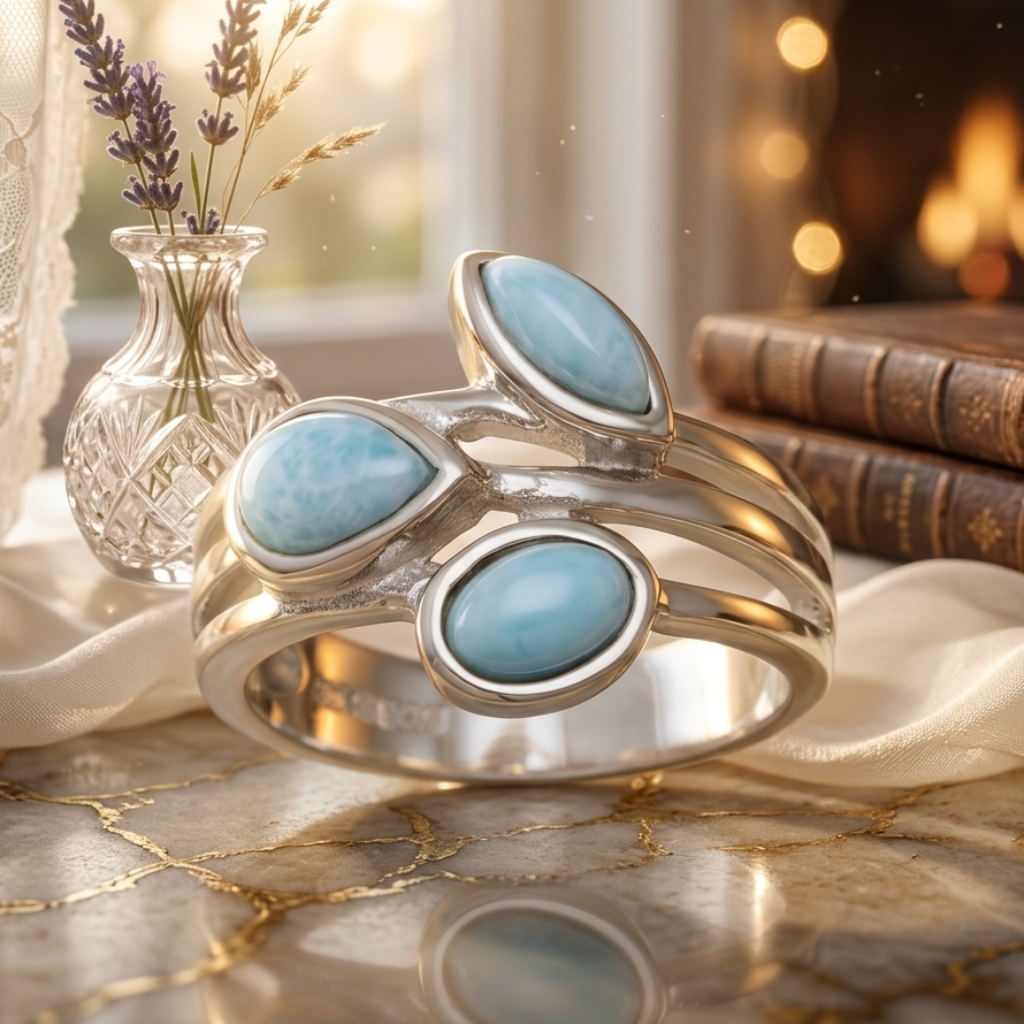 Silver ring with turquoise stones on a marble surface with a soft focus background
