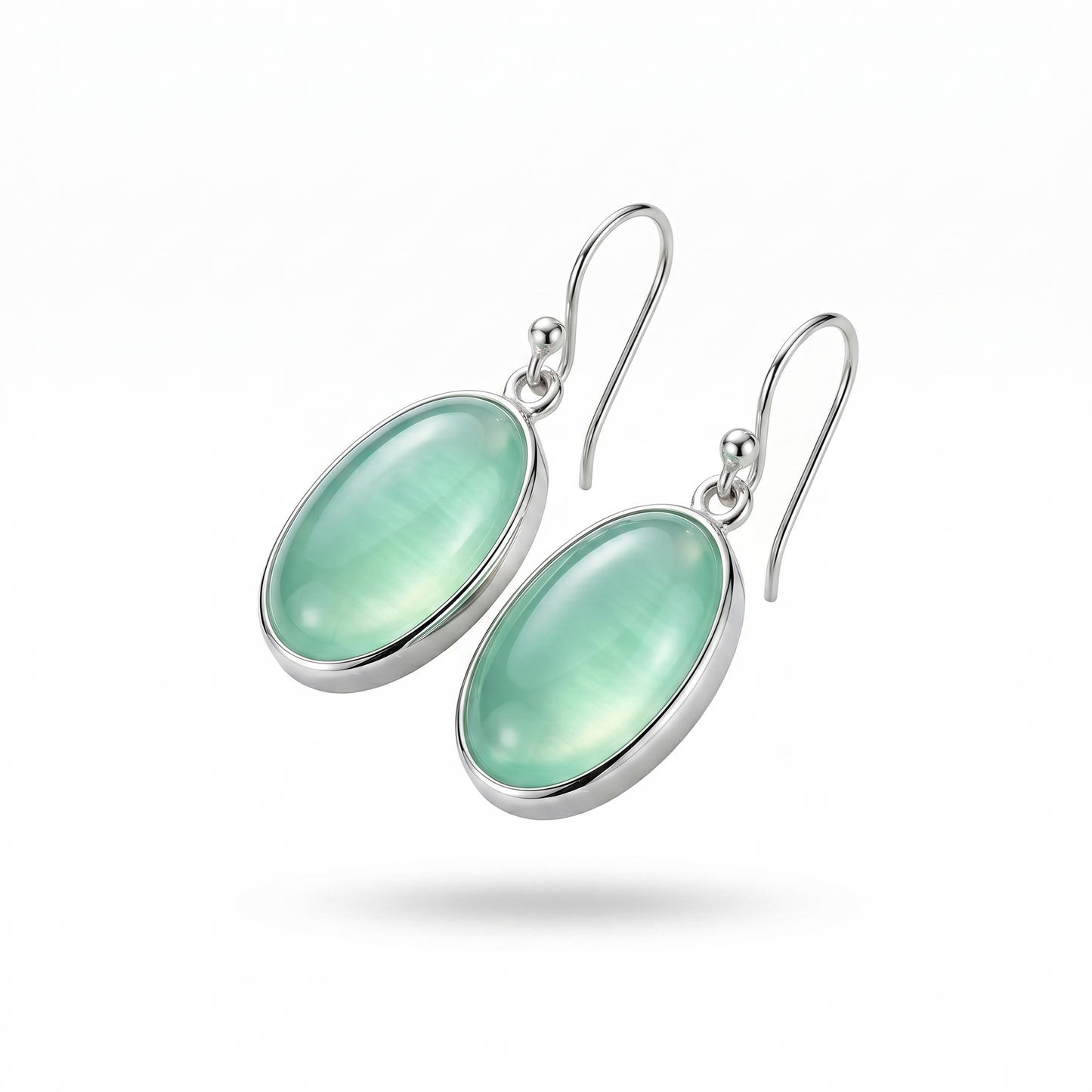 Natural Sea Green Chalcedony Large Oval Drop Earrings 925 Sterling Silver 37mm
