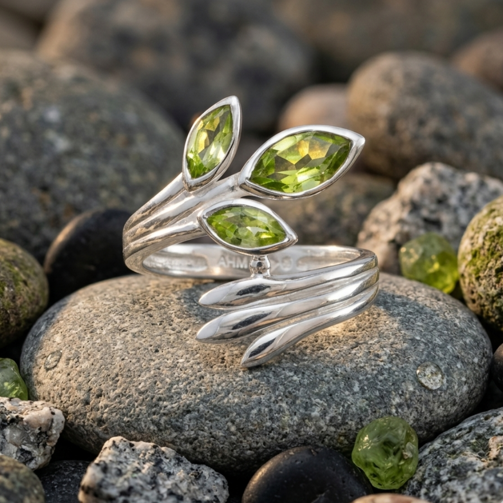 Silver ring with green gemstones on a pebble surface