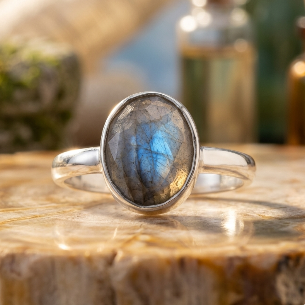 Silver ring with a labradorite stone on a wooden surface with blurred bottles in the background