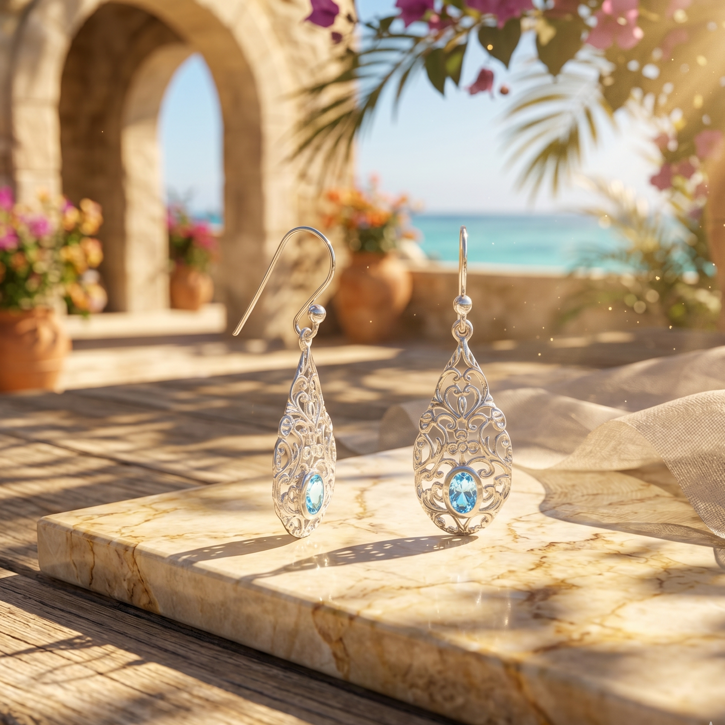 Pair of silver earrings with blue gemstones on a stone surface with a scenic background.