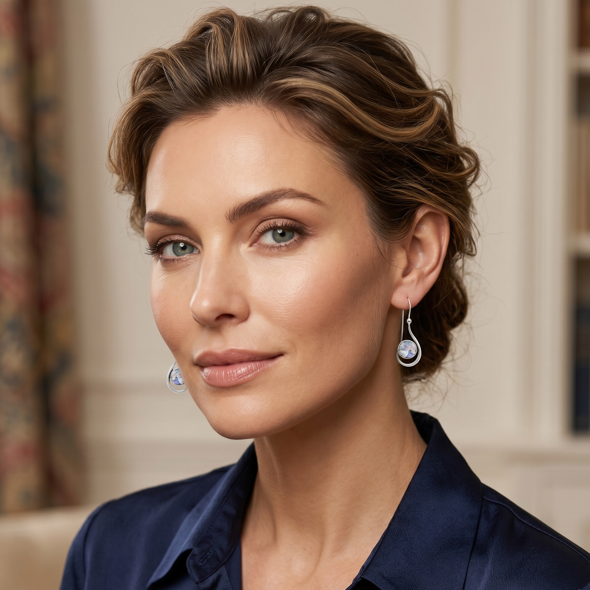 Woman wearing earrings in a well-lit room