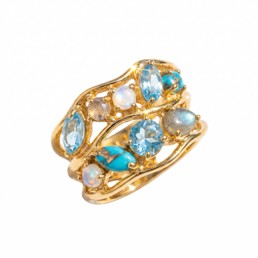 Blue Multi Stone Cluster Ring 14K Gold Plated 925 Silver Sizes 7-10
