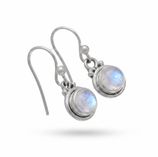 Silver earrings with rainbow moonstone stones on a white background