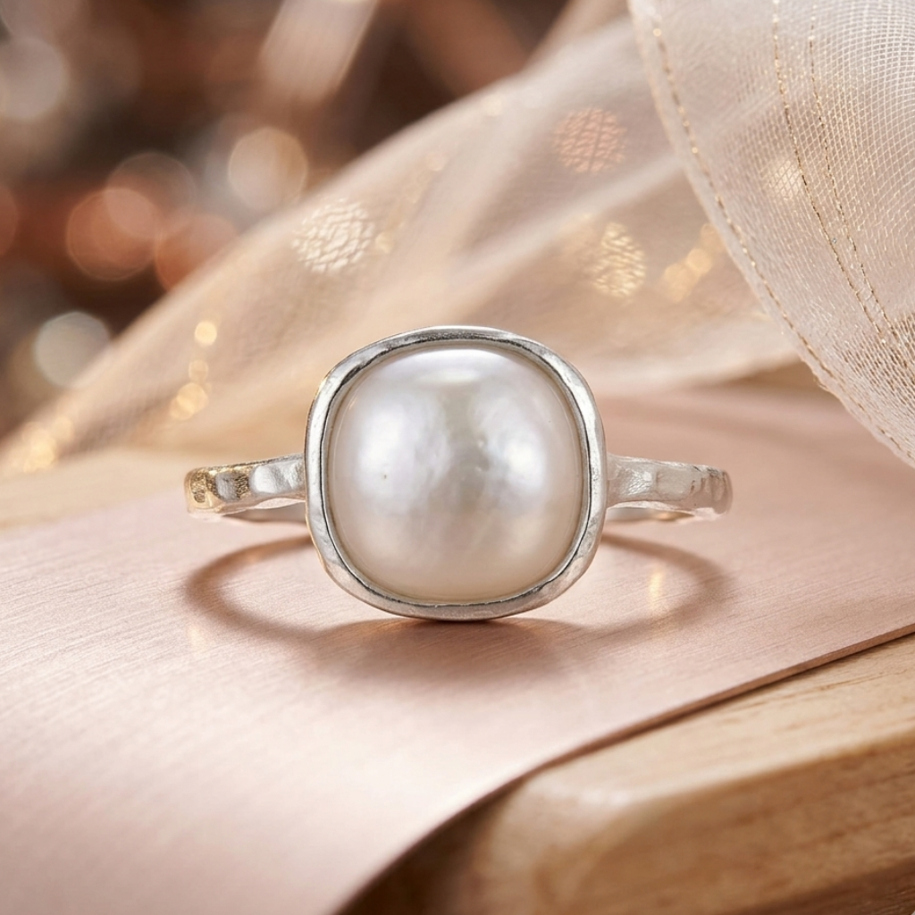 Pearl ring on a soft fabric background